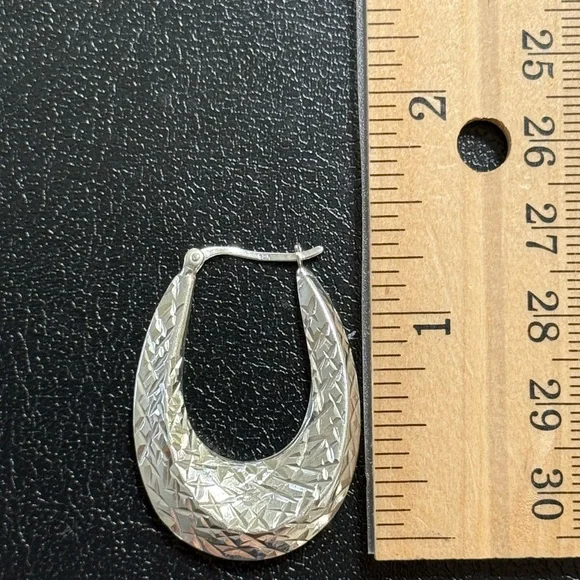 Sterling Silver Oval Large Textured Hoop Earrings Stamped 925 - Picture 2 of 6